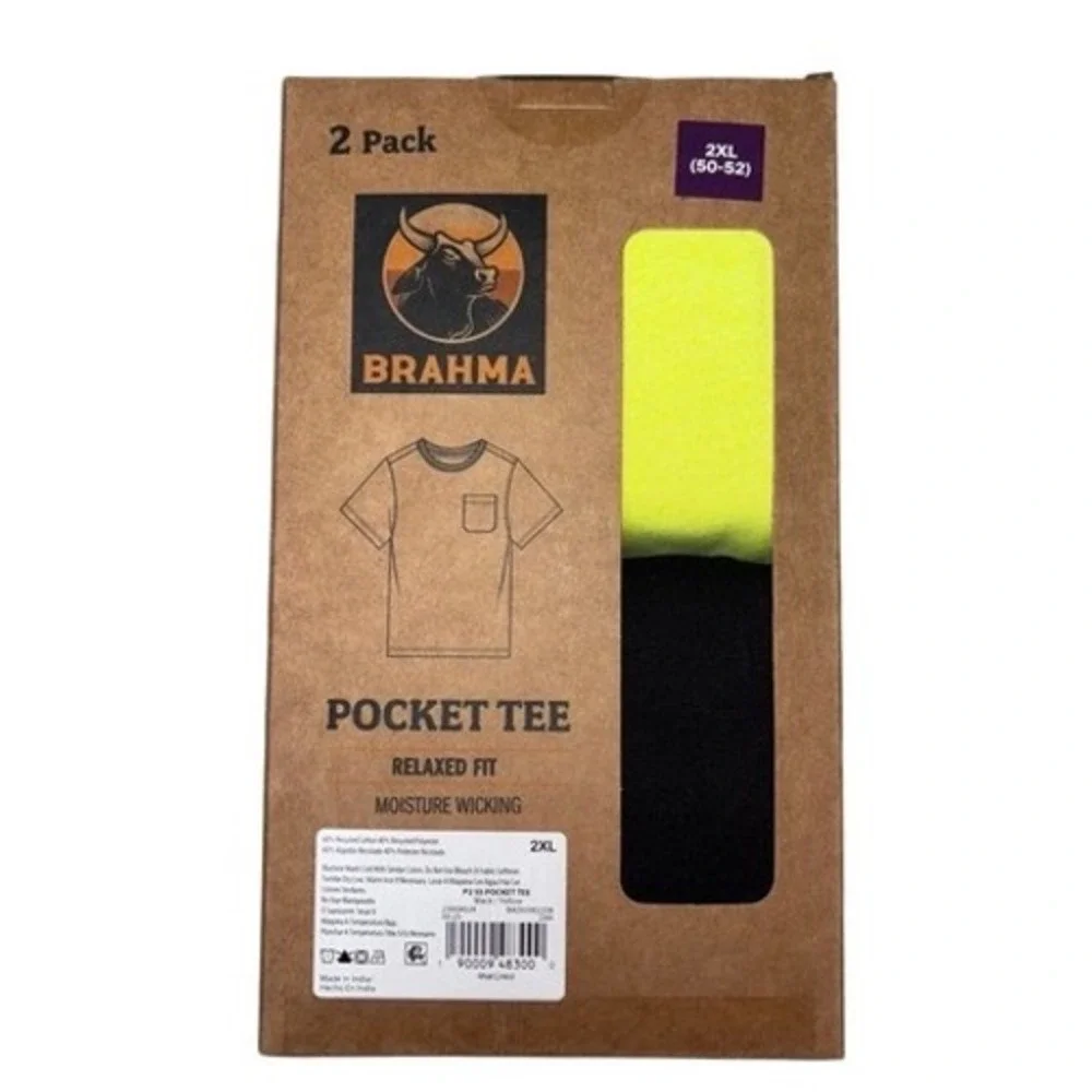 Brahma Mens 2 Pack Relaxed Fit Pocket Tee‎ 2XL Moisture Wicking T Shirt
